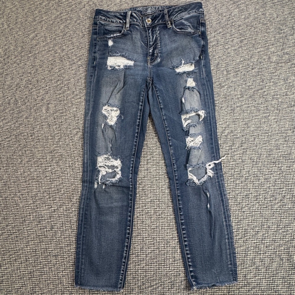 American Eagle Super Stretch Jegging Crop Distressed Raw Hem Jeans Blue 10 Reg